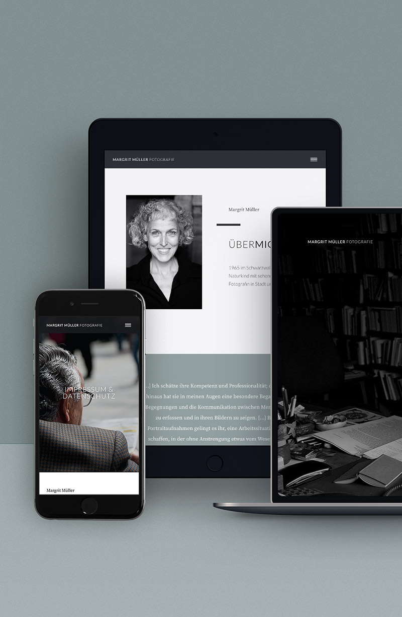 Webseite Margrit Müller Fotografie: Ansichten auf Laptop, iPad und Smartphone